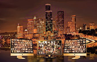 City Skyline With Digital Network Globe And Video Call Monitors