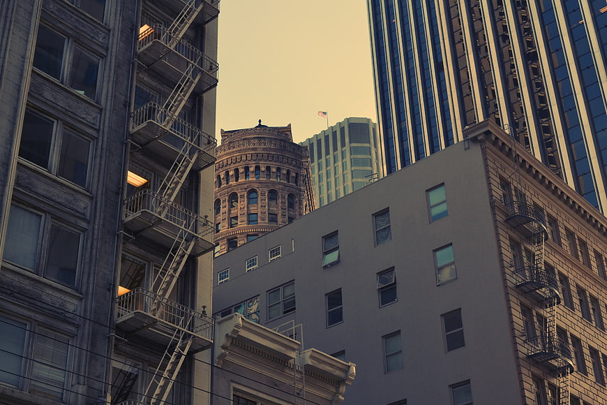 Urban Architecture with Fire Escapes and Skyscrapers