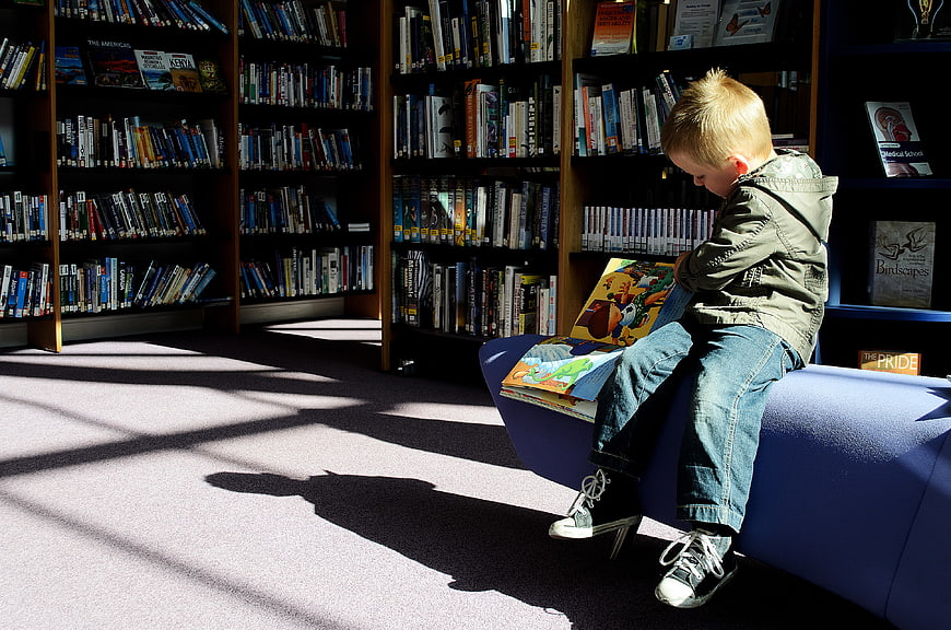 Young boy reading book in library sunlight
