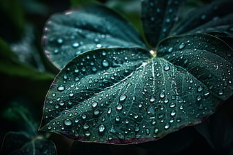 Close-up of dark green leaf with water droplets