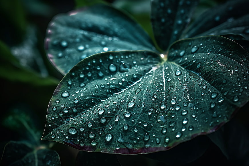 Close-up of dark green leaf with water droplets