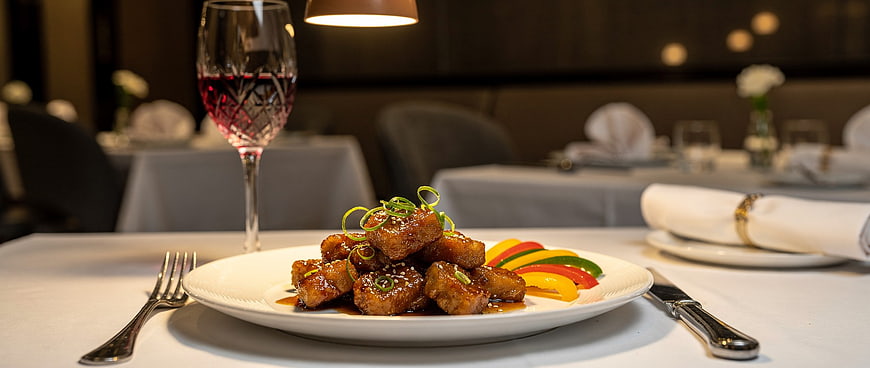 Gourmet Sweet and Sour Pork with Wine in Fine Dining Restaurant