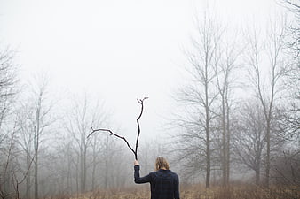 Man holding branch in foggy winter forest