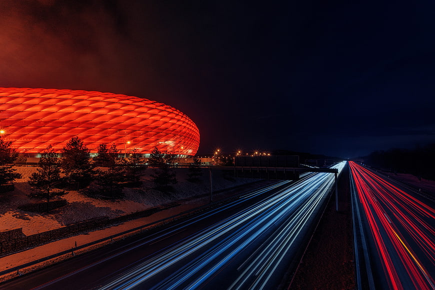 Long Exposure Night Shot of Beijing National Stadium and Highway