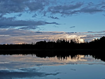 Serene Lake Reflection at Dusk with Silhouetted Forest