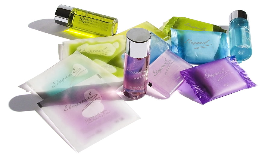 Colorful Hotel Amenities Set with Shampoo and Soap