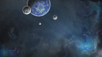 Blue Planet and Moons in Deep Space Nebula