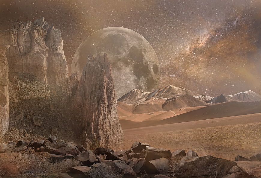 Fantasy alien landscape with giant moon and starry sky