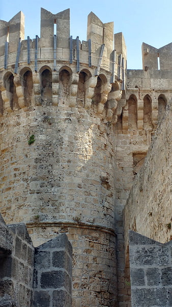 Ancient stone fortress tower in Rhodes, Greece