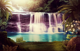 Magical Fantasy Waterfall Scene With Turquoise Pool And Tropical Foliage