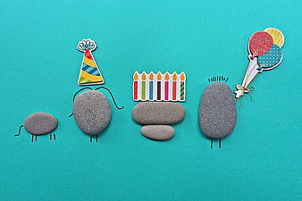 Creative Stone Birthday Characters Craft on Teal Background