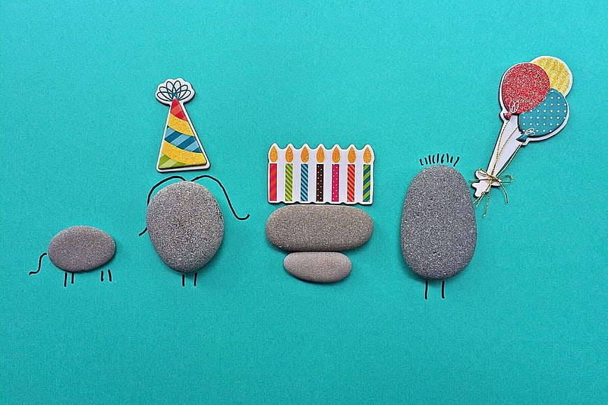 Creative Stone Birthday Characters Craft on Teal Background