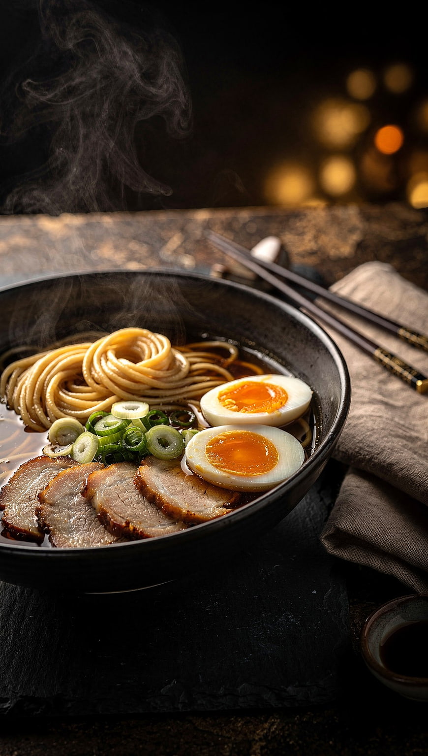 Steaming Bowl of Japanese Ramen with Soft Boiled Eggs