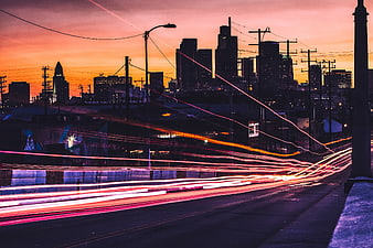 City Skyline at Dusk with Long Exposure Light Trails
