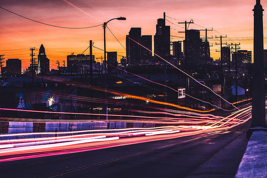 City Skyline at Dusk with Long Exposure Light Trails