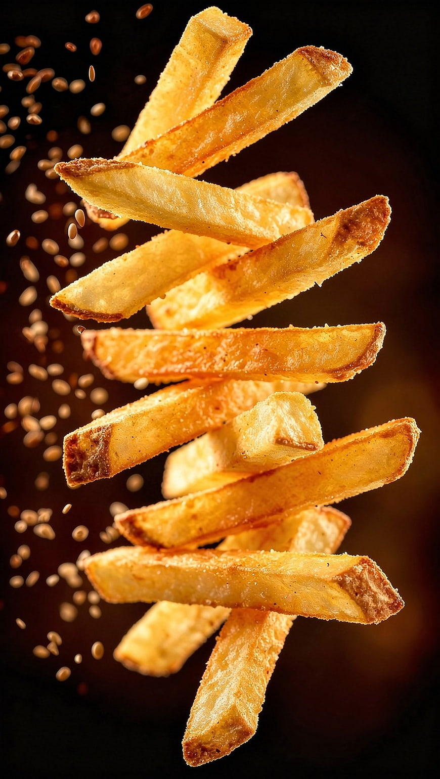 Crispy Golden French Fries Floating in Mid-Air