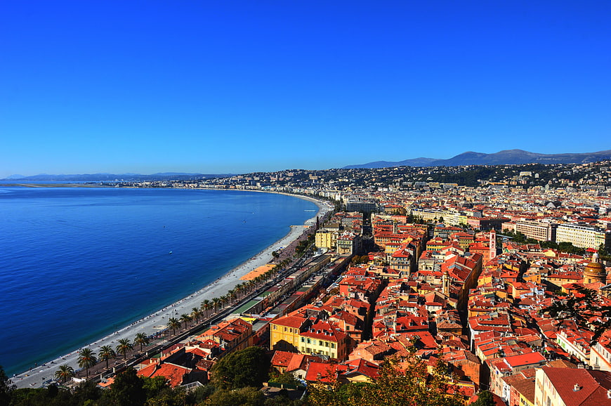 Aerial View of Nice Promenade des Anglais and Old Town Rooftops
