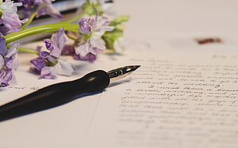 Fountain pen and purple flowers on handwritten letter