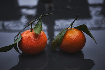 Two Fresh Oranges with Leaves on Dark Wet Surface