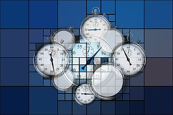 Abstract Stopwatch Cluster On Blue Grid Background