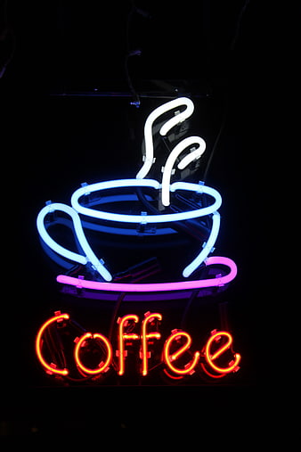 Neon Coffee Cup Sign with Glowing Text on Black Background