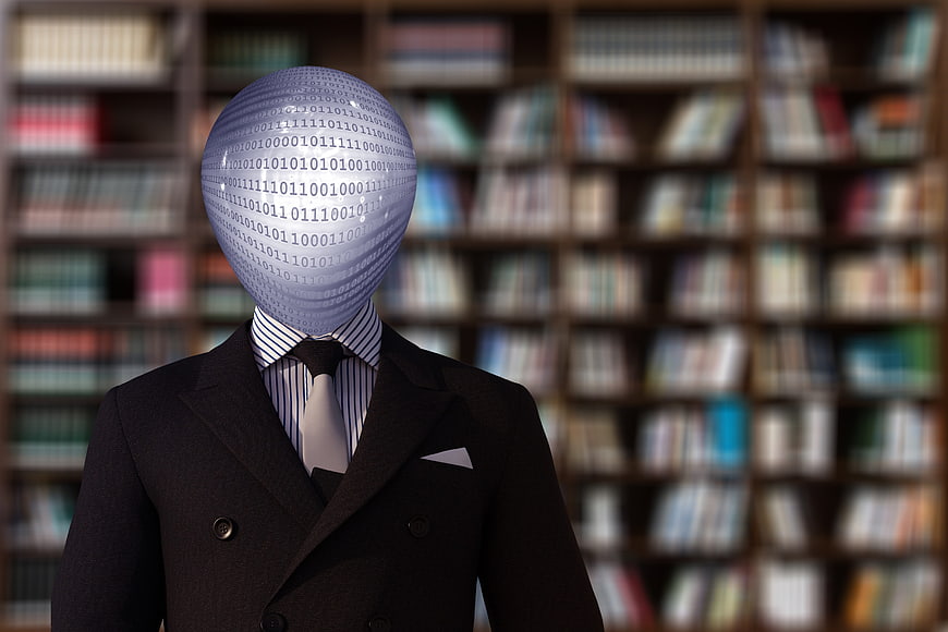 Businessman with binary code head in library