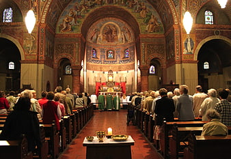 Catholic Mass Service in Historic Church Interior