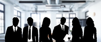 Silhouettes of business team in modern office background
