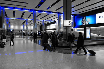 Travelers with luggage in modern airport terminal with blue lighting
