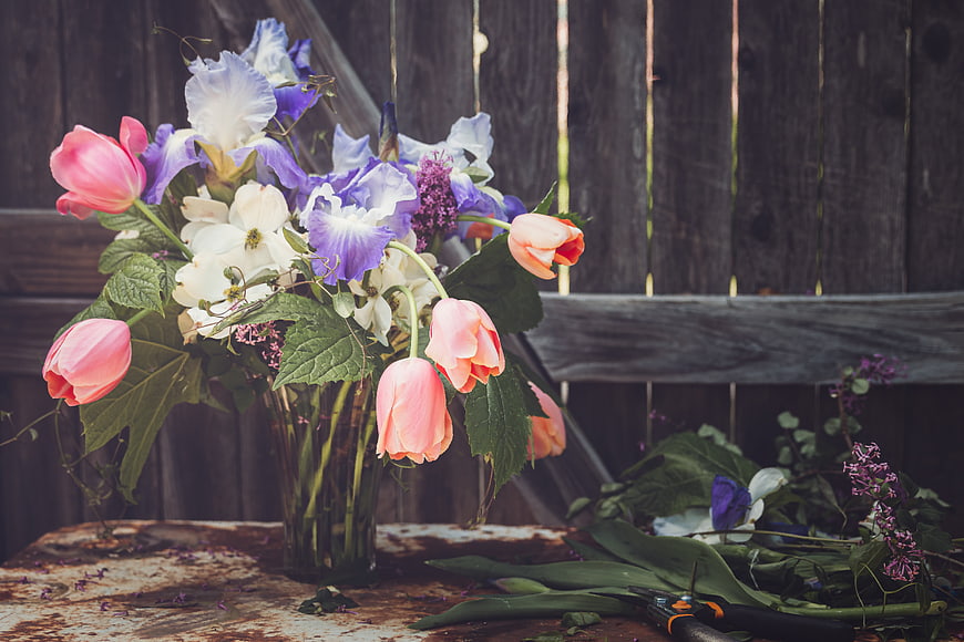 Rustic Spring Flower Bouquet with Tulips and Irises