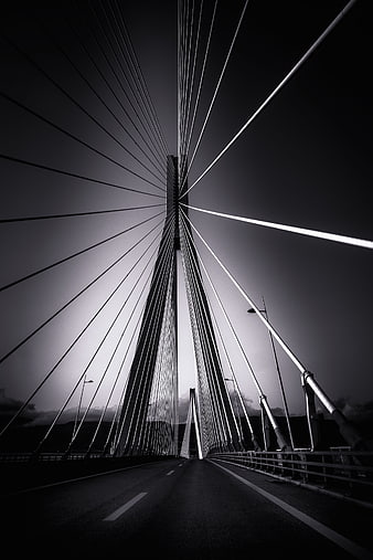 Dramatic Black and White View of Rio-Antirrio Suspension Bridge