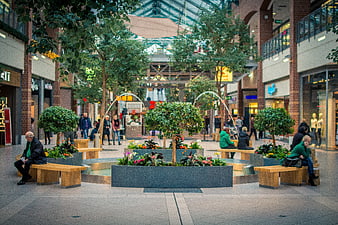 Modern Shopping Mall Interior with Fountain and Greenery