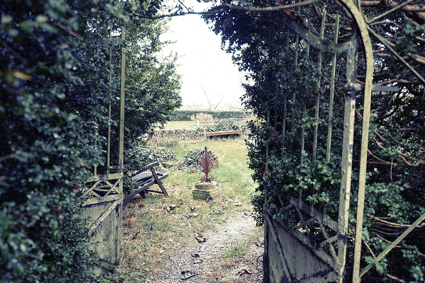Rustic Garden Gate with Overgrown Vines and Path