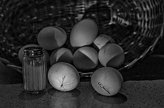 Black and white still life of eggs and salt shaker
