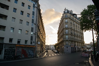 Parisian Street Corner at Sunset with Classic Architecture