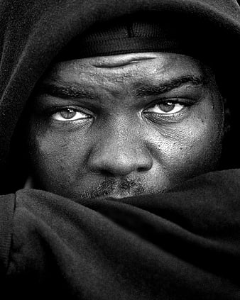 Intense Black and White Portrait of Hooded Man