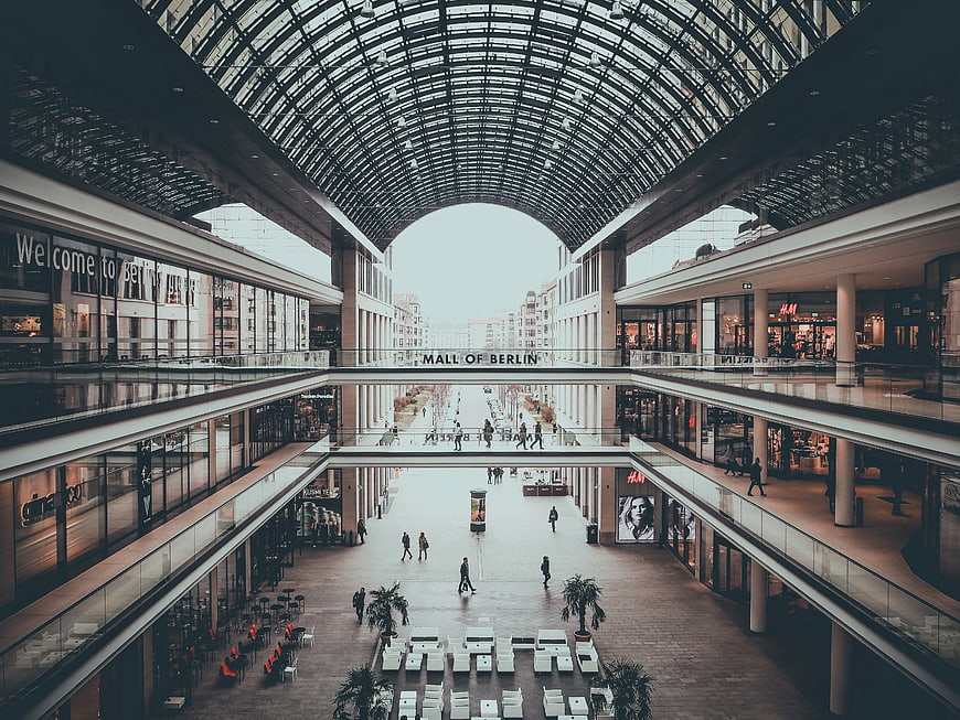 Mall of Berlin interior architecture with glass dome