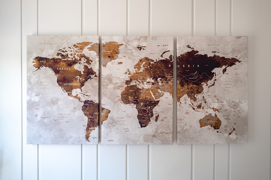 Triptych World Map Wall Art on White Paneling