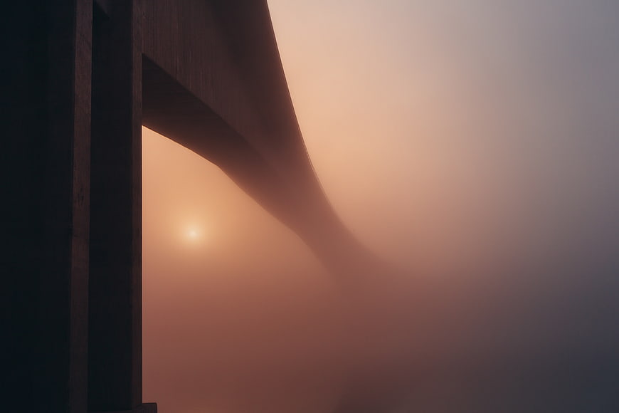 Abstract Concrete Bridge Arch in Thick Orange Fog
