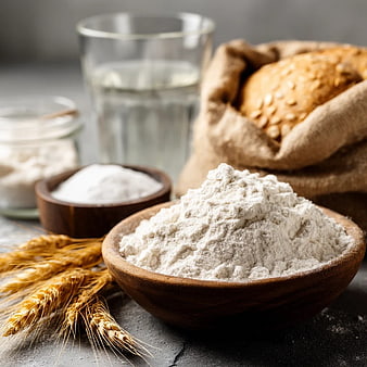Rustic Baking Ingredients with Flour, Wheat, and Bread