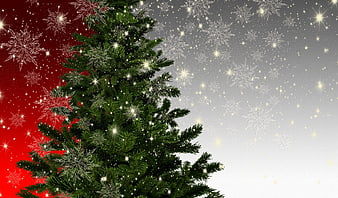 Christmas fir tree with snowflakes and stars on red and gray background