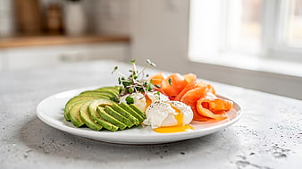 Healthy Breakfast Plate with Avocado, Salmon, and Poached Egg