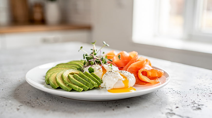 Healthy Breakfast Plate with Avocado, Salmon, and Poached Egg