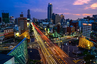 Long exposure night view of Kaohsiung city traffic light trails