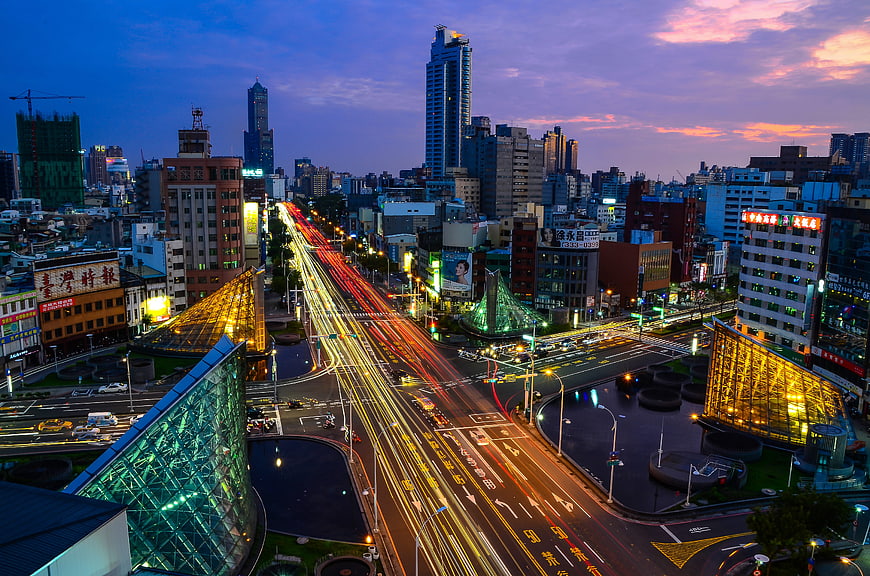 Long exposure night view of Kaohsiung city traffic light trails