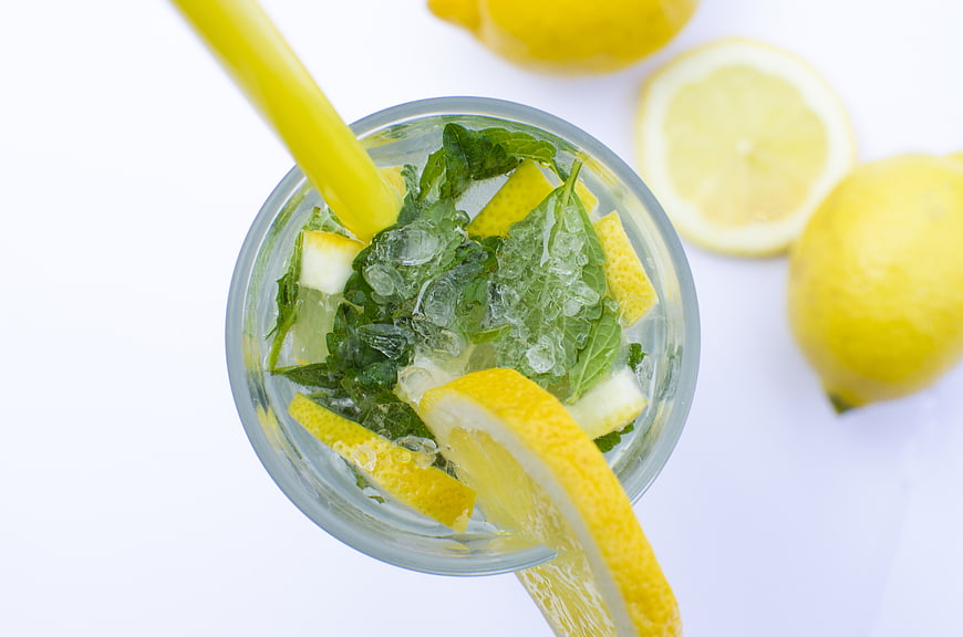 Top View of Refreshing Lemon Mint Drink with Ice