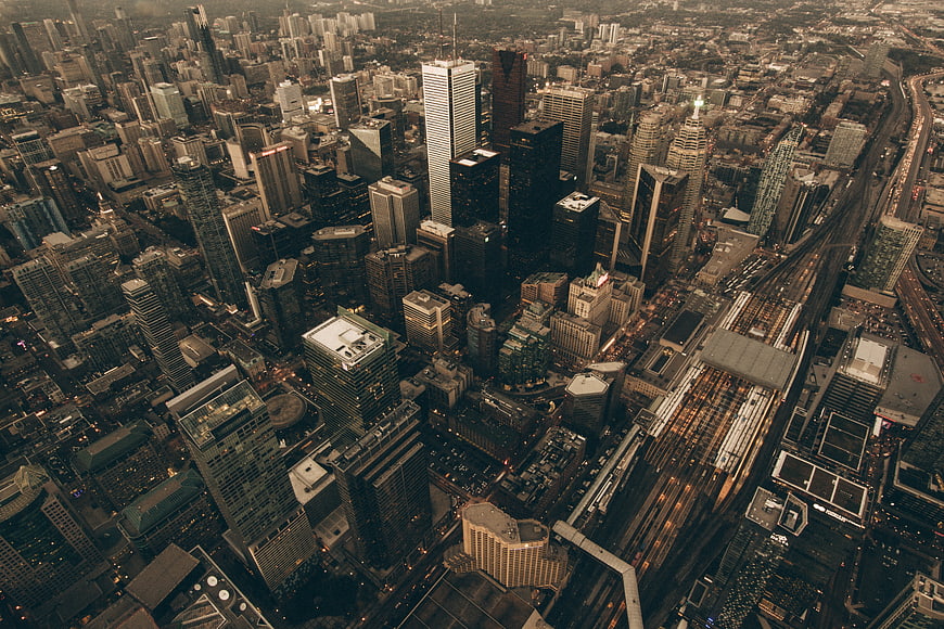 Aerial View of Chicago Skyline and Union Station at Dusk