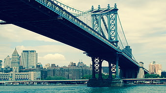 Manhattan Bridge Underneath View with City Skyline