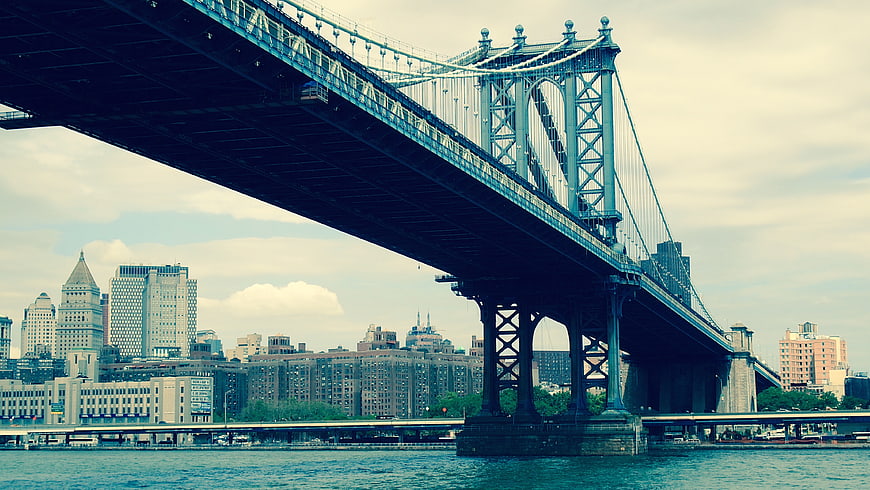 Manhattan Bridge Underneath View with City Skyline