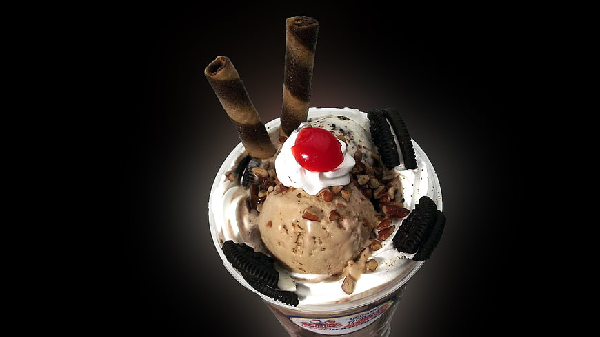 Overhead view of chocolate ice cream sundae with toppings